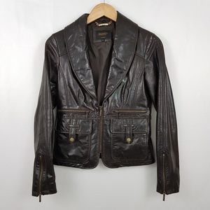 Leather Zip Front Jacket Blazer Brown S